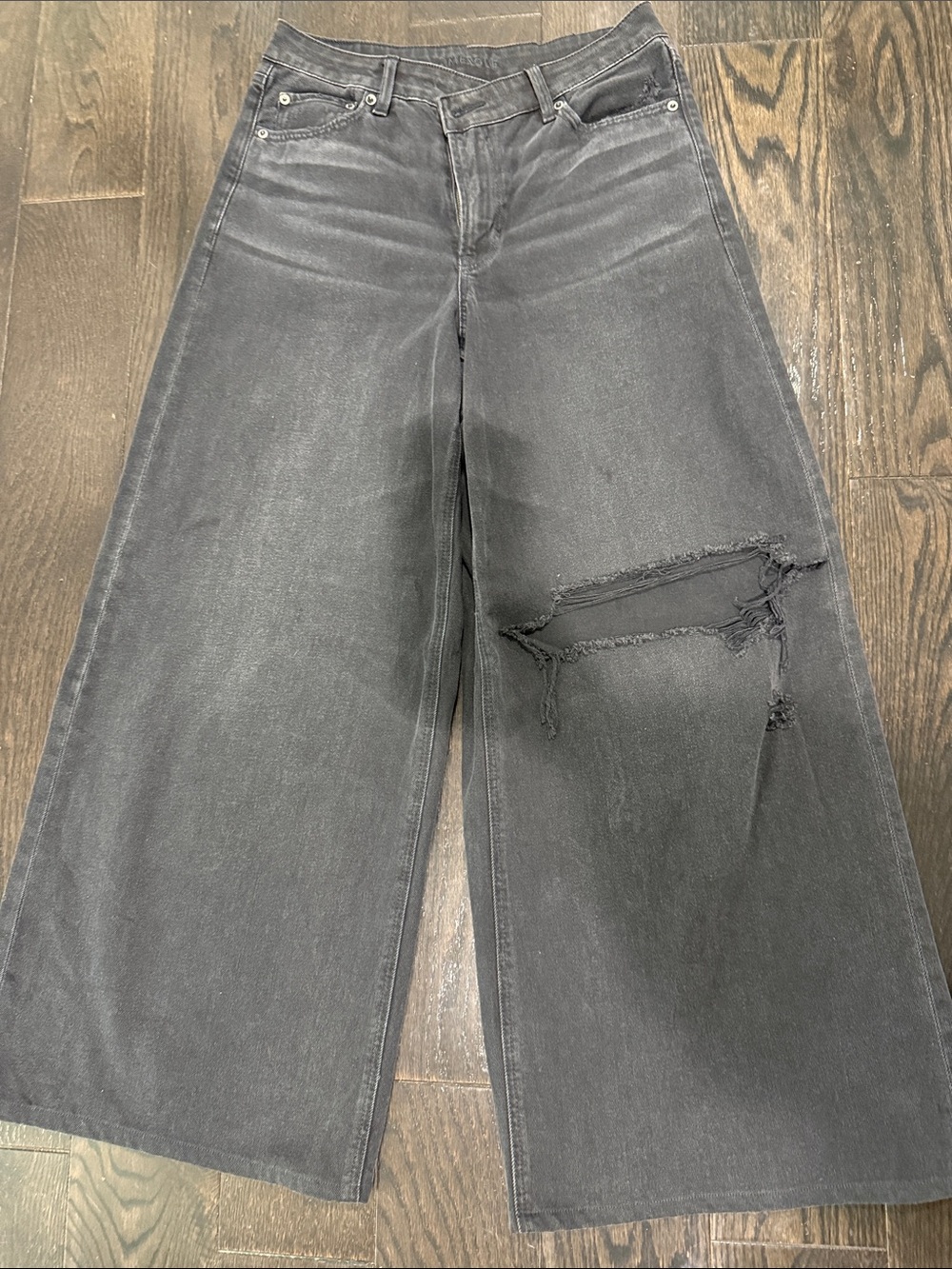 American Eagle Outfitters Washed Black Wide-Leg Distressed Jeans